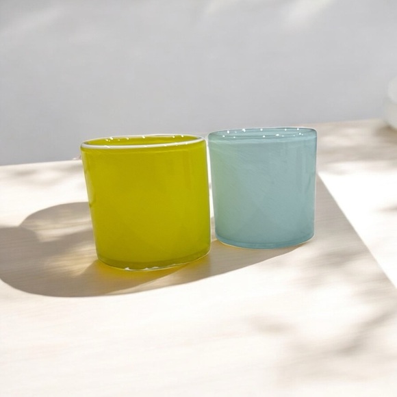 2 Glass Vases Yellow and Blue with White Patterning - Picture 3 of 9